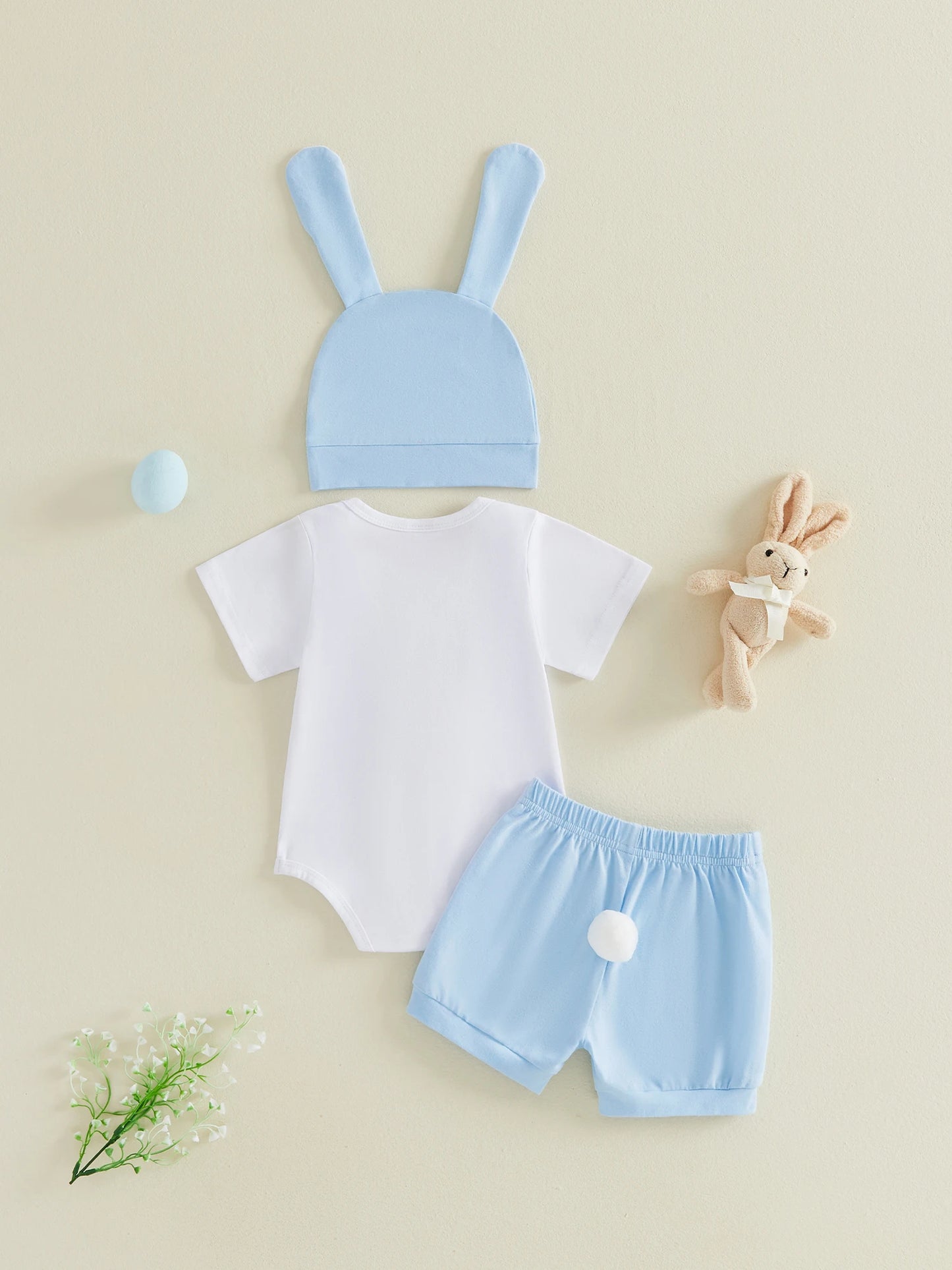 Adorable Newborn Easter Outfit with Bunny Embroidery Romper Shorts and Hat - 3-Piece Set for Baby Boy or Girl