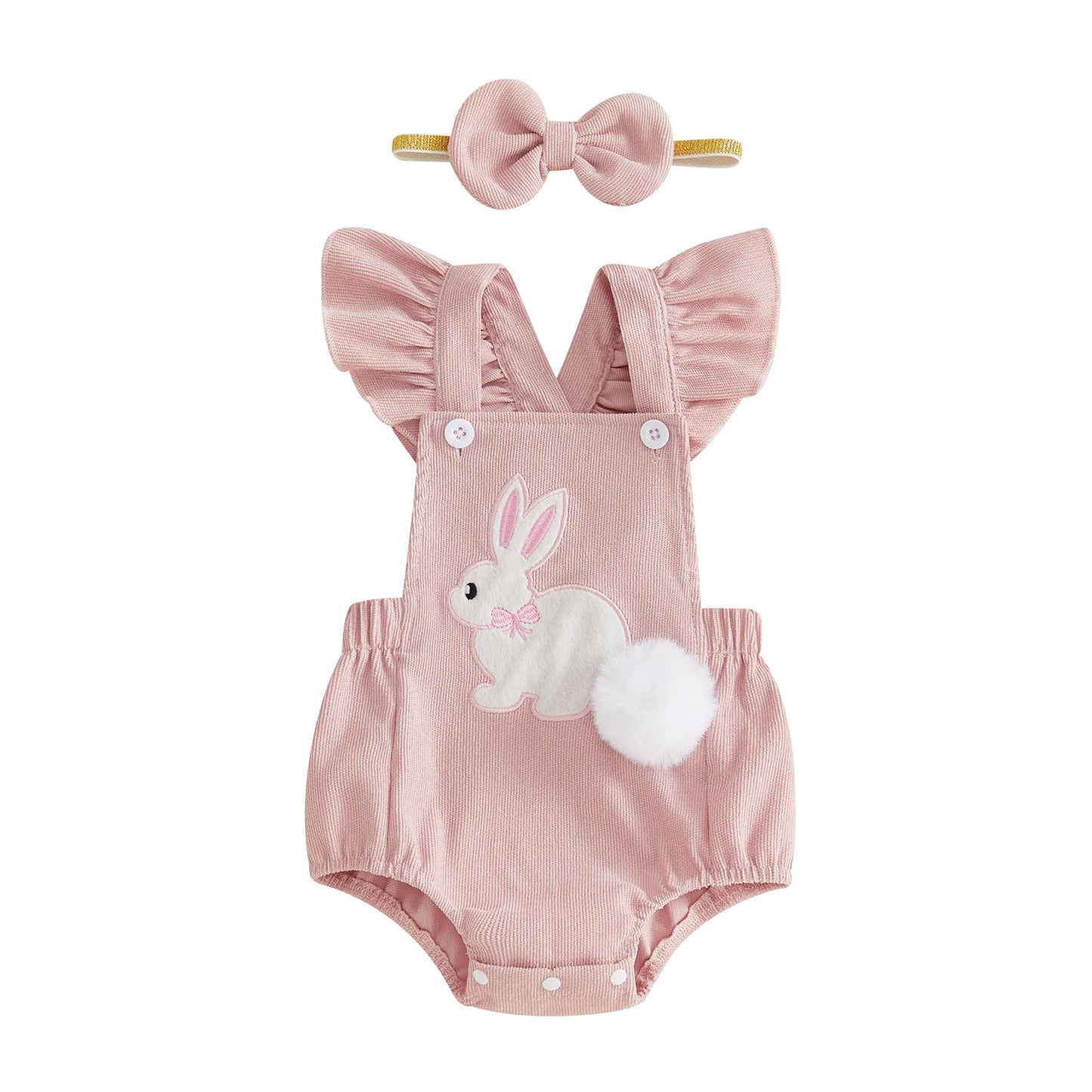 Baby Girl Easter Romper Outfits Bunny Applique Flying Sleeve Square Neck Romper and Bow Headband 2Pcs Set