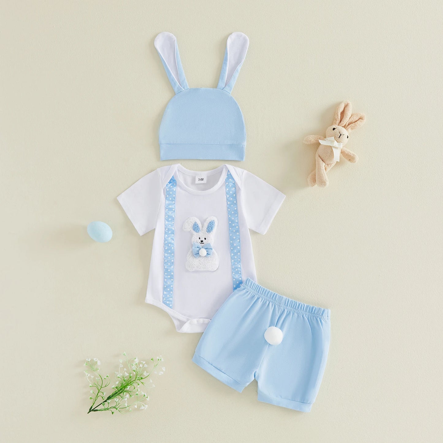 Adorable Newborn Easter Outfit with Bunny Embroidery Romper Shorts and Hat - 3-Piece Set for Baby Boy or Girl