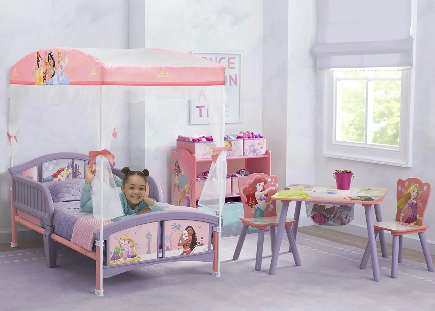 Princess Canopy Toddler Bed with Guardrails, Safe Transition from Crib to Big-Kid Bed for Ages 15 Months+