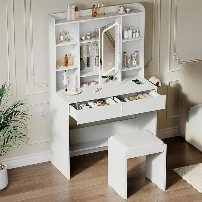 Vanity Desk with Mirror and Lights, for Bedroom, adjustable 3 Color Lights Modes Includes Padded Stool, Makeup Table Set