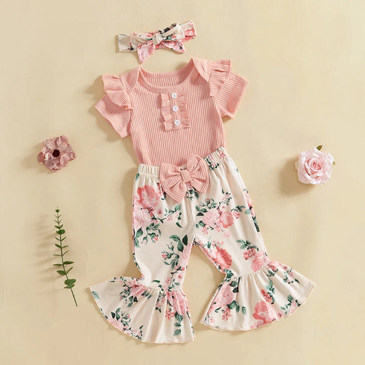 Toddler Girls 3 Piece Outfit Set Ruffle Sleeve Bodysuit Floral Bell Bottom Pants Headband Set for Baby Girl