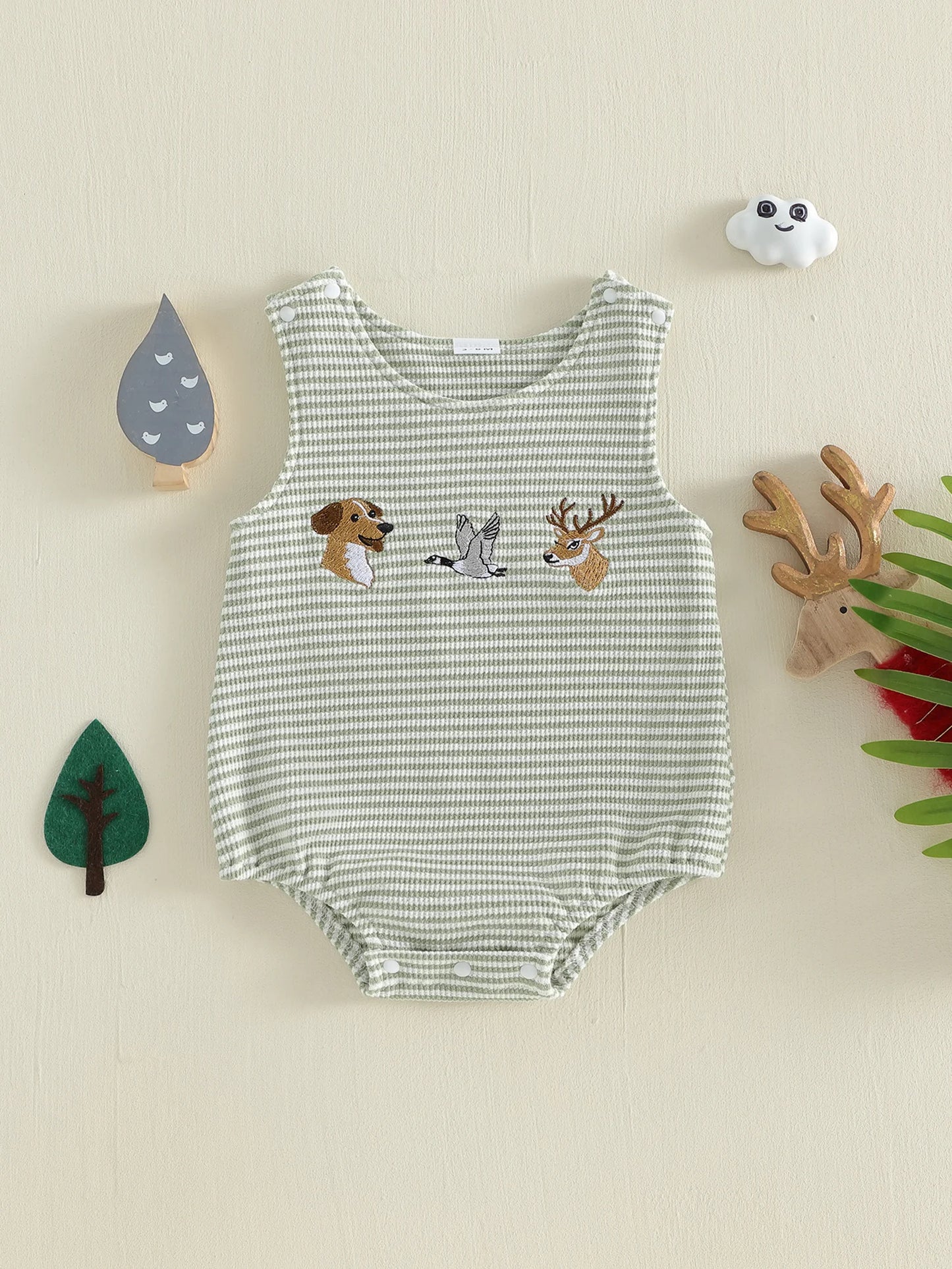 Adorable Toddler Boy s Sleeveless Romper with Cute Animal Embroidery and Striped Design Perfect for Summer Fun