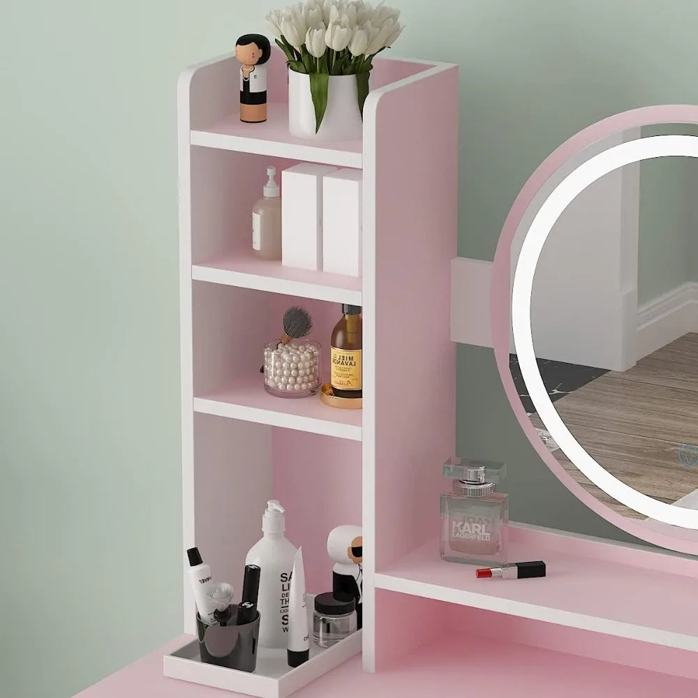 Pink Vanity Set with Lighted Mirror, Makeup Dressing Table 5 Drawers Shelves Desk & Stool