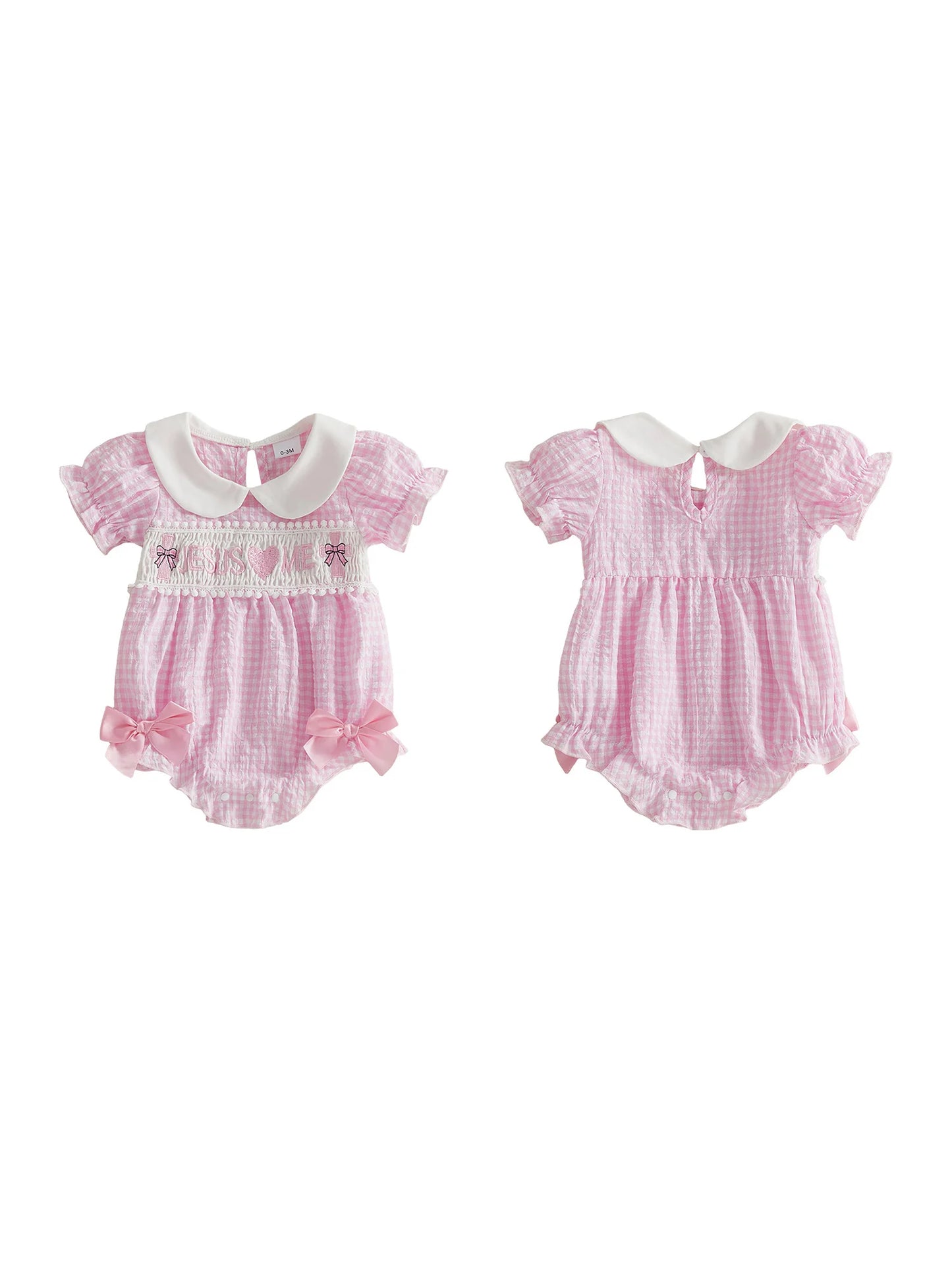 Stylish Baby Girls Summer Romper with Cute Heart Embroidery Short Sleeves Doll Collar and Trendy Plaid Design Jumpsuit