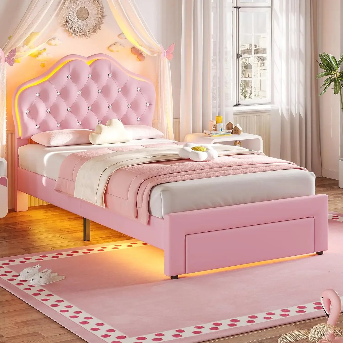 Twin Size Girl Bed with Storage Drawer & LED Lights, Upholstered Platform Bed, Adjustable Headboard with Velvet Crystal Button