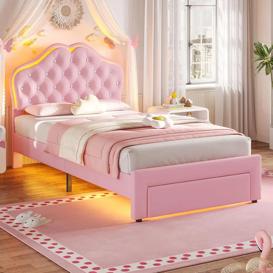 Twin Size Girl Bed with Storage Drawer & LED Lights, Upholstered Platform Bed, Adjustable Headboard with Velvet Crystal Button