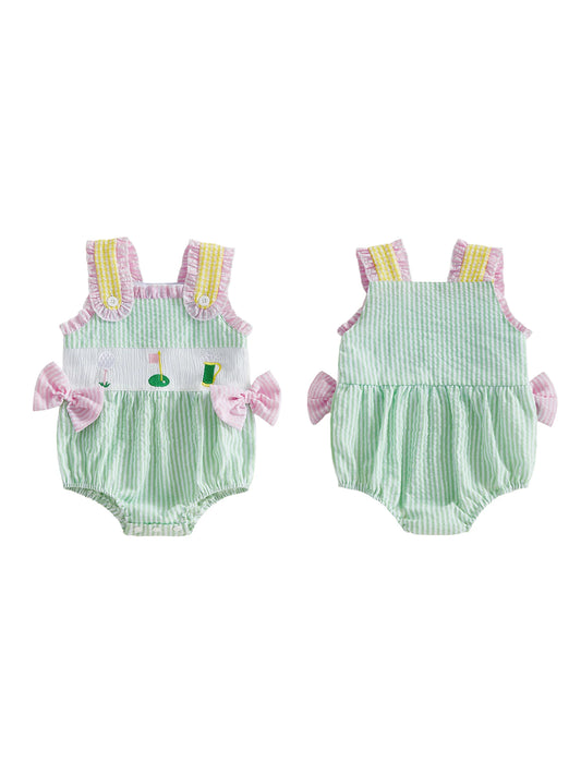 Adorable Toddler Floral Print Sleeveless Romper with Bow Detail and Ruffle Trim Summer Jumpsuit Infant Outfit for Girls