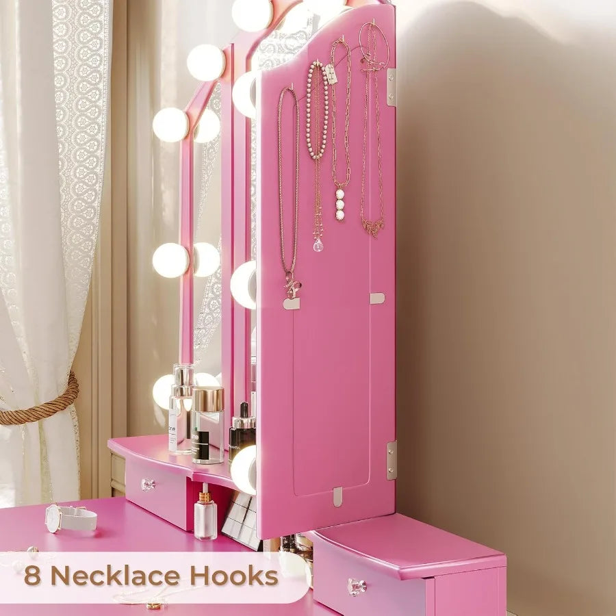 Compact Pink Makeup Vanity Desk with TriFold Mirror and Builtin LED Lights Featuring Wood Upholstered Stool and 5 Drawers