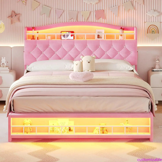 Queen Szie Girls Bed with LED Lights & Charging Station, Princess Queen Size Bed Frame with Hidden Storage Headborad