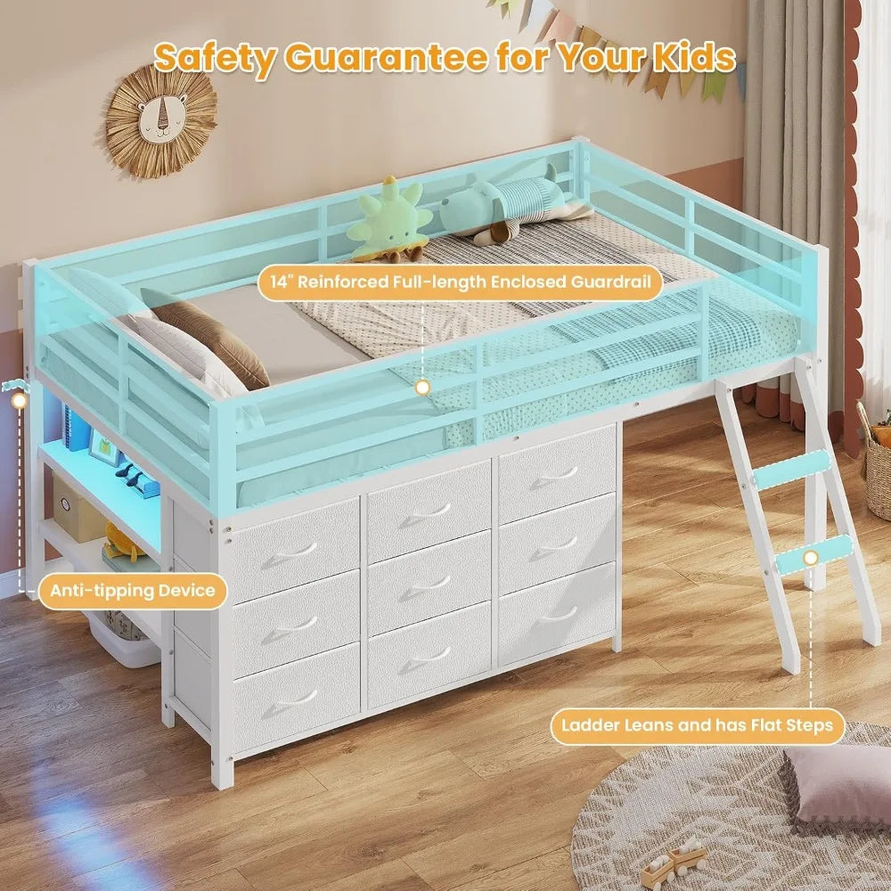 Kids Twin Loft Bed with Storage Drawers, LED Lights & Safety Guardrail - Space Saving Metal Frame