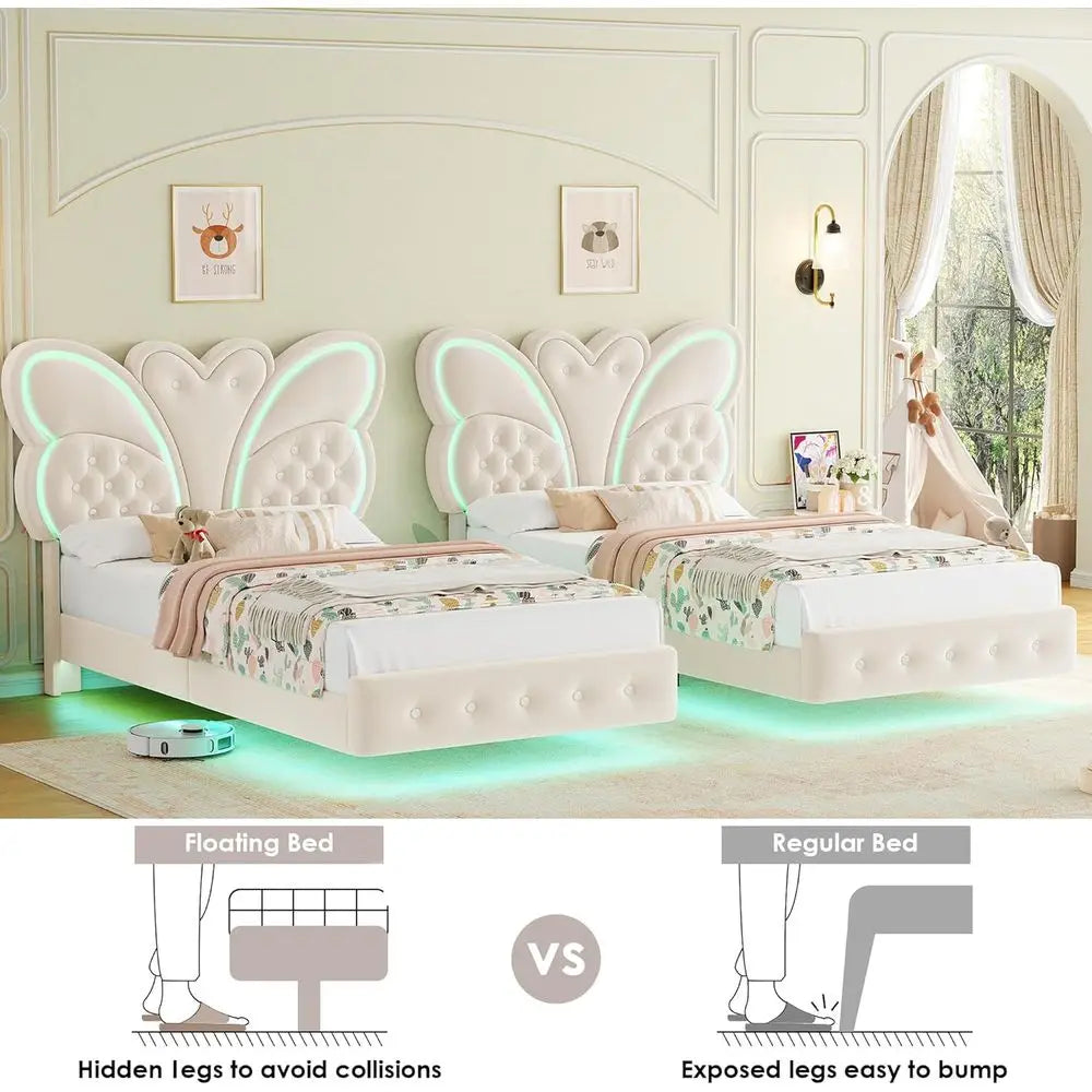 Modern Butterfly-Pattern Twin Bed Frame with LED Lights, Button Tufted Upholstered Headboard and Footboard, Slat Support, No Boxspring