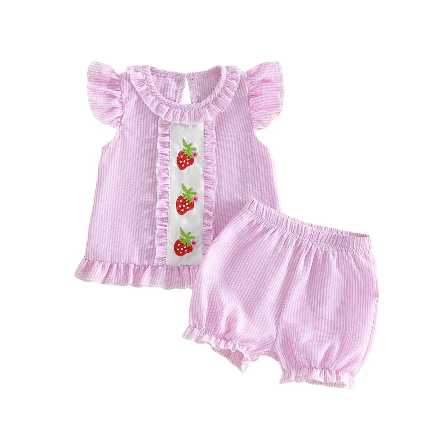 Toddler Girl 2-Piece Summer Set with Ruffle Sleeve Watermelon Embroidery Top and Shorts Cute Baby Girl Outfit for Spring