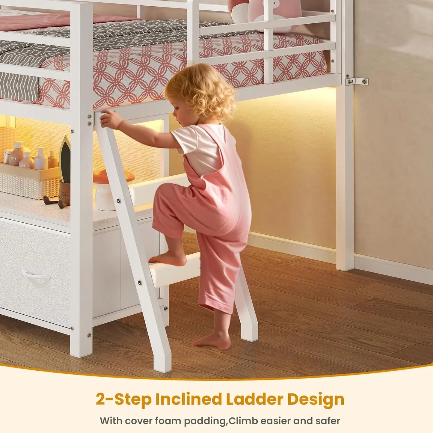 Low Loft Bed Twin Size with 7 Storage Drawers, Bookcase and LED Lights, Metal Kids Loft Bed with 14" H Safety Guardrail