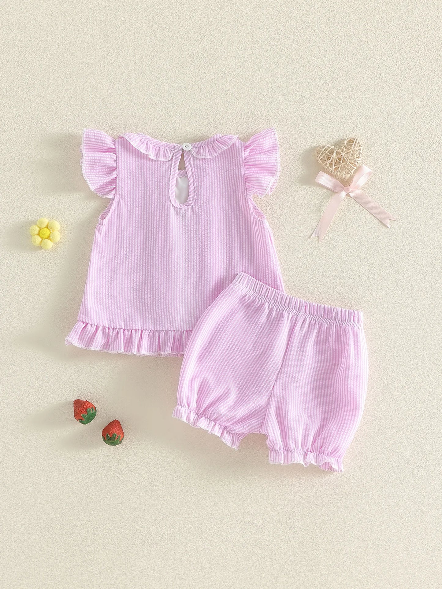 Toddler Girl 2-Piece Summer Set with Ruffle Sleeve Watermelon Embroidery Top and Shorts Cute Baby Girl Outfit for Spring