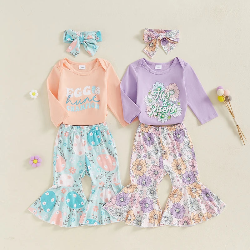 Adorable Baby Girl Easter Outfit with Bunny Print Long Sleeve Romper Easter Eggs Floral Print Flare Pants and Matching