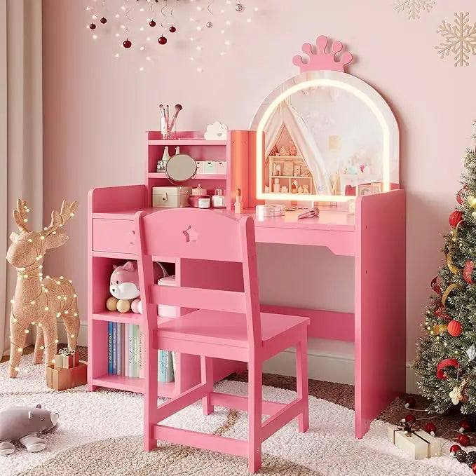 Kids Vanity with Lights, 2 in 1 Princess Makeup Vanity Desk Toddler Vanity Table & Chair Set with Open Bookshelf for Little Girls