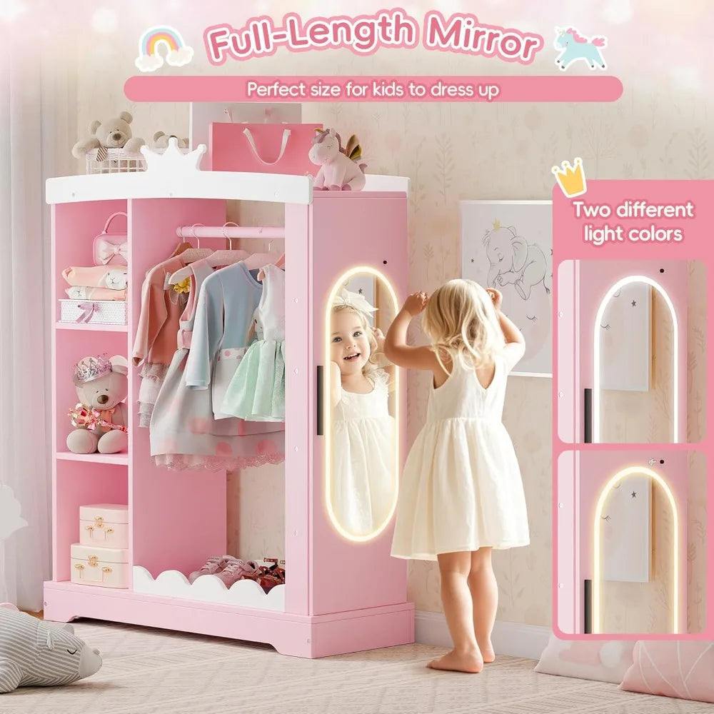 Kids Princess Wardrobe with Jewelry Cabinet, Mirror & Shelves - Pink Dress Up Storage for Girls Bedroom
