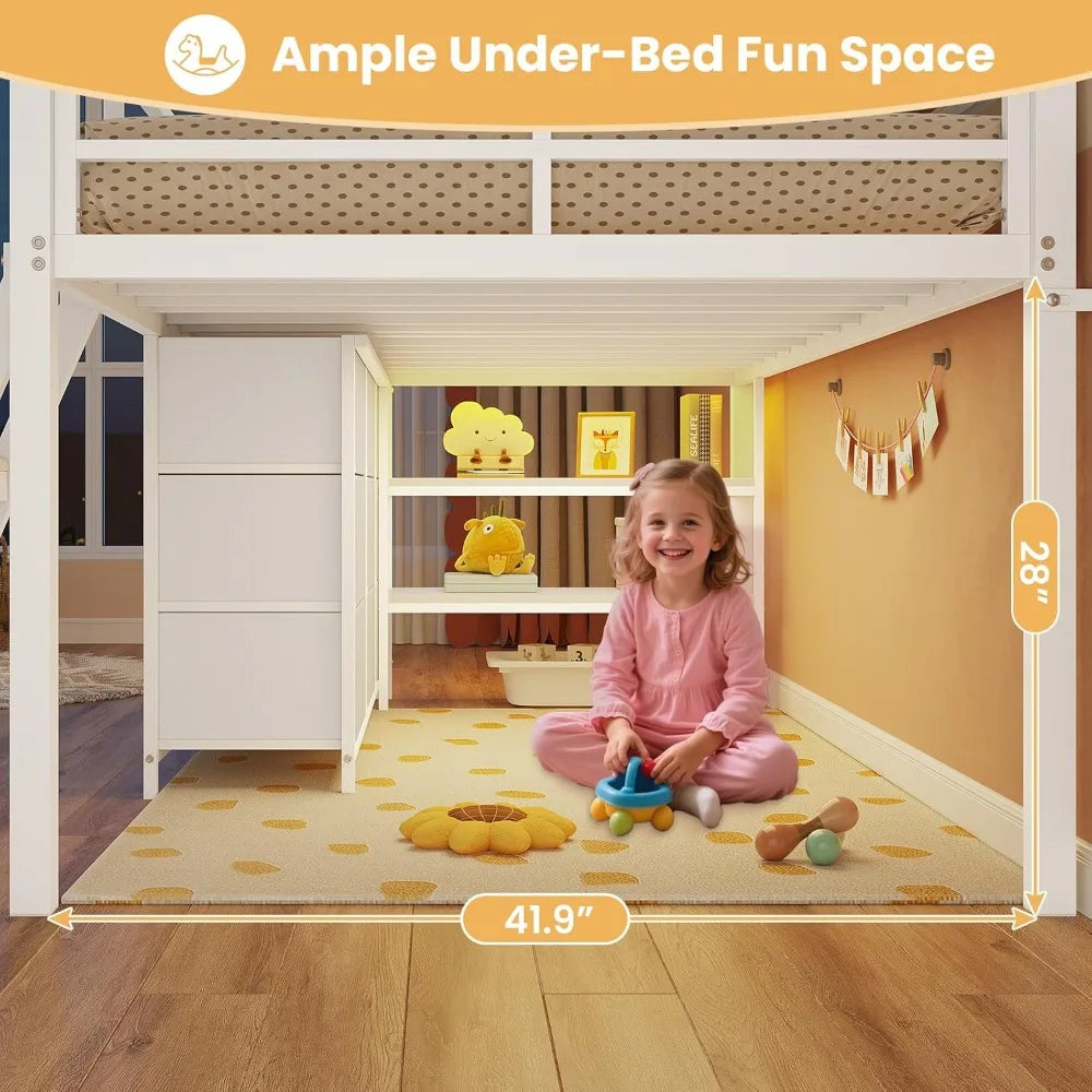 Kids Twin Loft Bed with Storage Drawers, LED Lights & Safety Guardrail - Space Saving Metal Frame