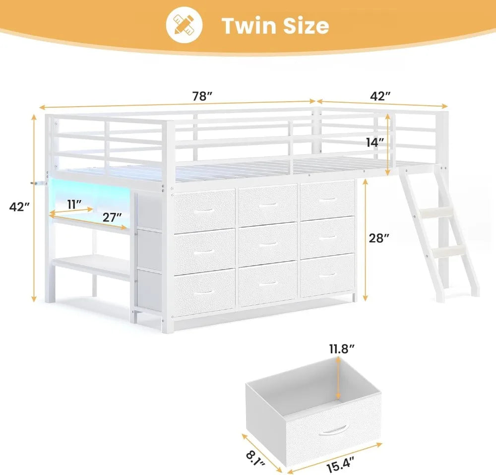 Kids Twin Loft Bed with Storage Drawers, LED Lights & Safety Guardrail - Space Saving Metal Frame