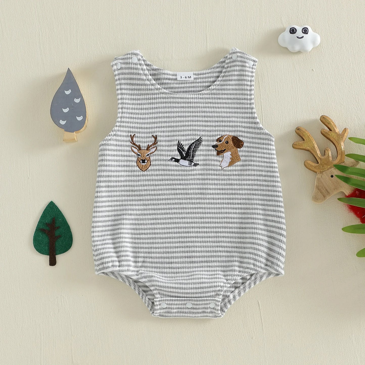 Adorable Toddler Boy s Sleeveless Romper with Cute Animal Embroidery and Striped Design Perfect for Summer Fun