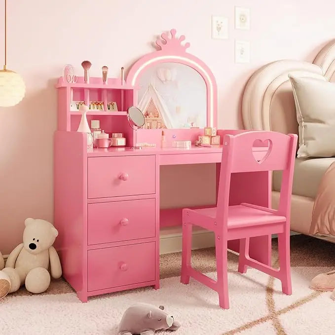 Kids Vanity Desk with Mirror and Lights, White Princess Wooden Makeup, Storage Shelves and Drawers, 2-in-1 Girls Dressing Table