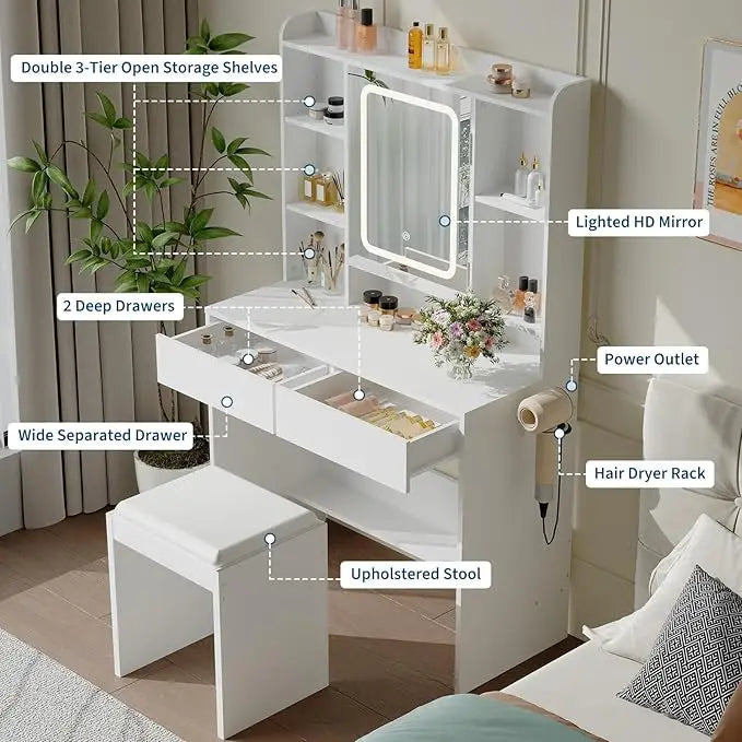 Vanity Desk with Mirror and Lights, for Bedroom, adjustable 3 Color Lights Modes Includes Padded Stool, Makeup Table Set