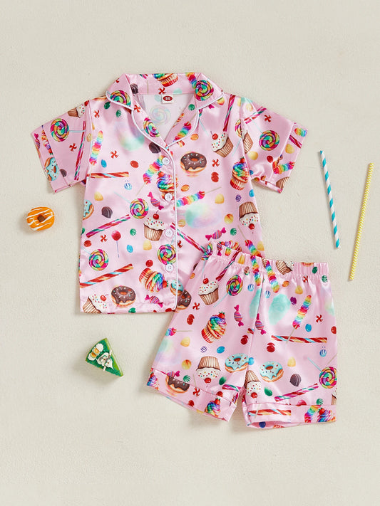 Toddler Boy Pajama Set short sleeve donuts and candy print - Elastic Waist Pants 2 Piece Sleepwear Outfit for Kids