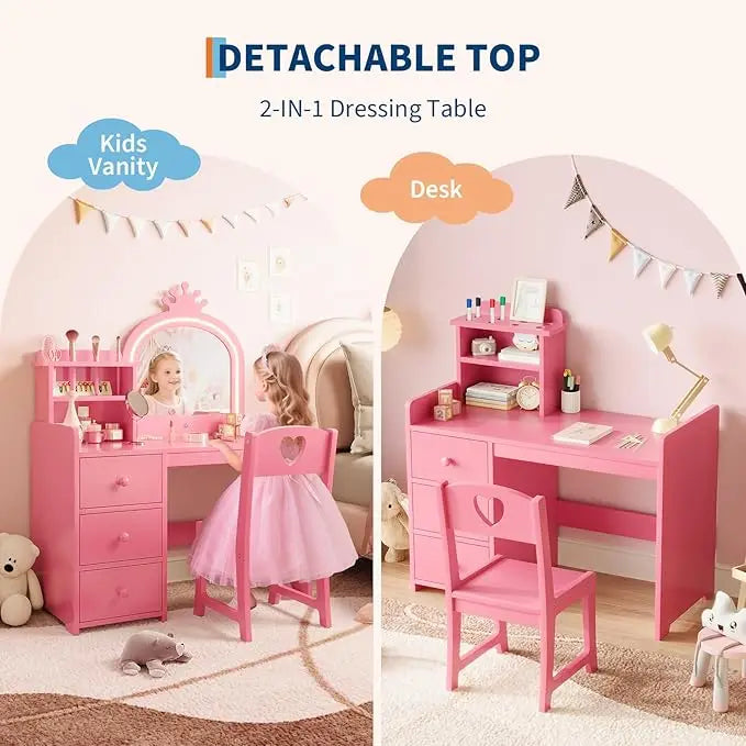 Kids Vanity Desk with Mirror and Lights, White Princess Wooden Makeup, Storage Shelves and Drawers, 2-in-1 Girls Dressing Table