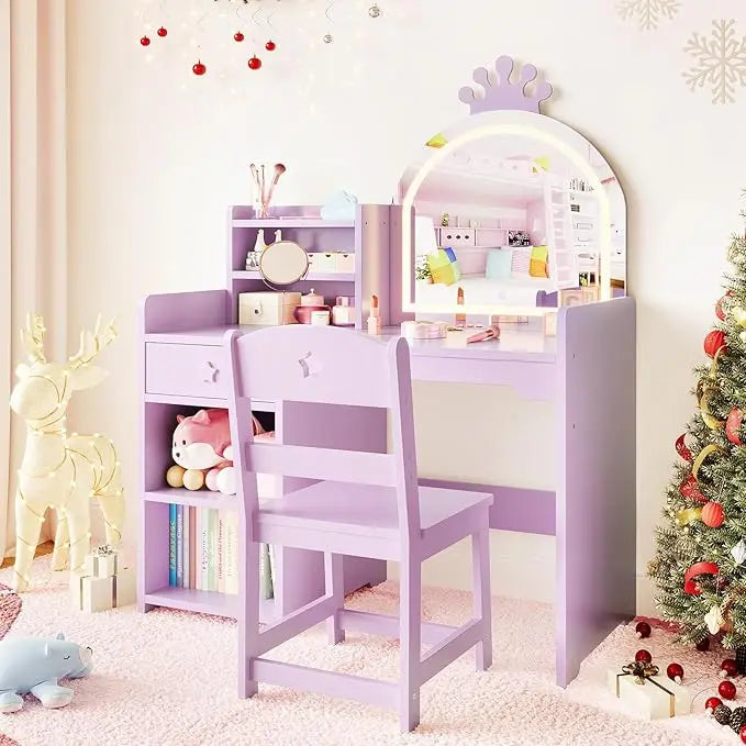 Kids Vanity with Lights, 2 in 1 Princess Makeup Vanity Desk Toddler Vanity Table & Chair Set with Open Bookshelf for Little Girls