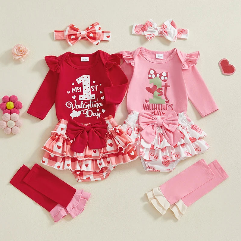 Baby's 1st Valentine Outfit Letter Print Long Sleeve Romper with Heart Print Pants and Bow Tie Headband Socks Set