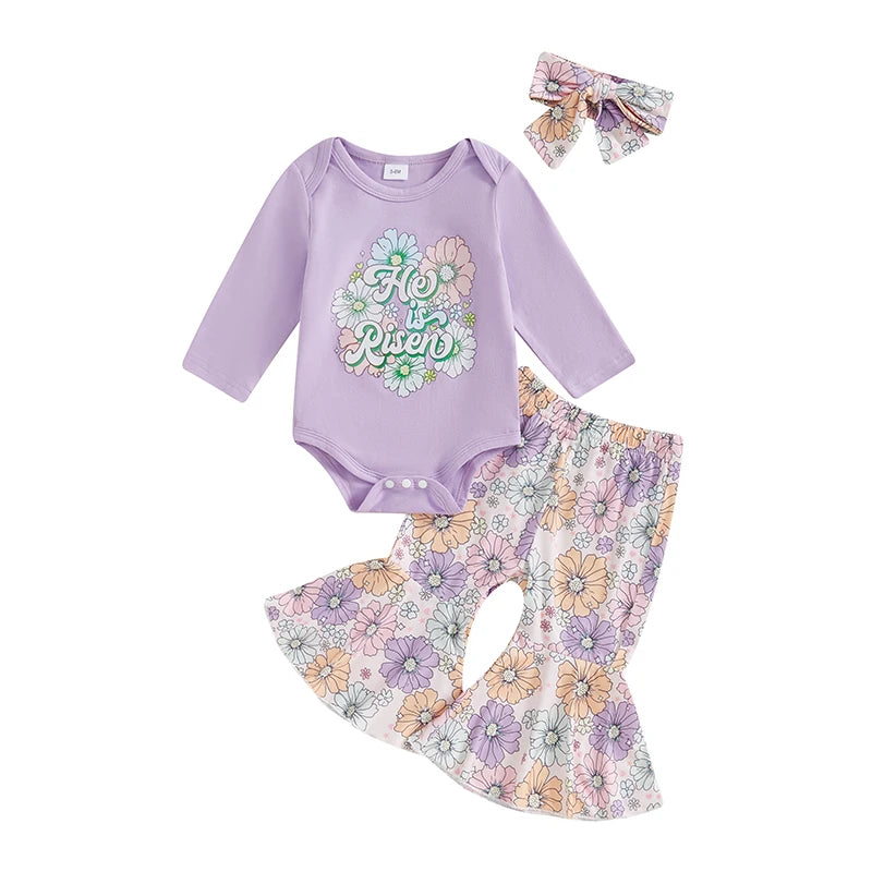Adorable Baby Girl Easter Outfit with Bunny Print Long Sleeve Romper Easter Eggs Floral Print Flare Pants and Matching