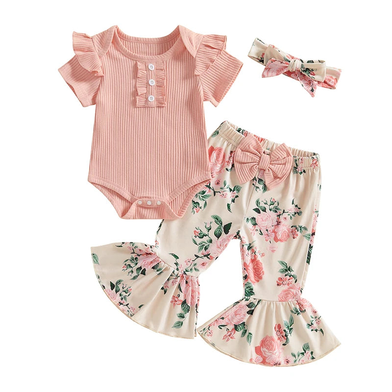 Toddler Girls 3 Piece Outfit Set Ruffle Sleeve Bodysuit Floral Bell Bottom Pants Headband Set for Baby Girl