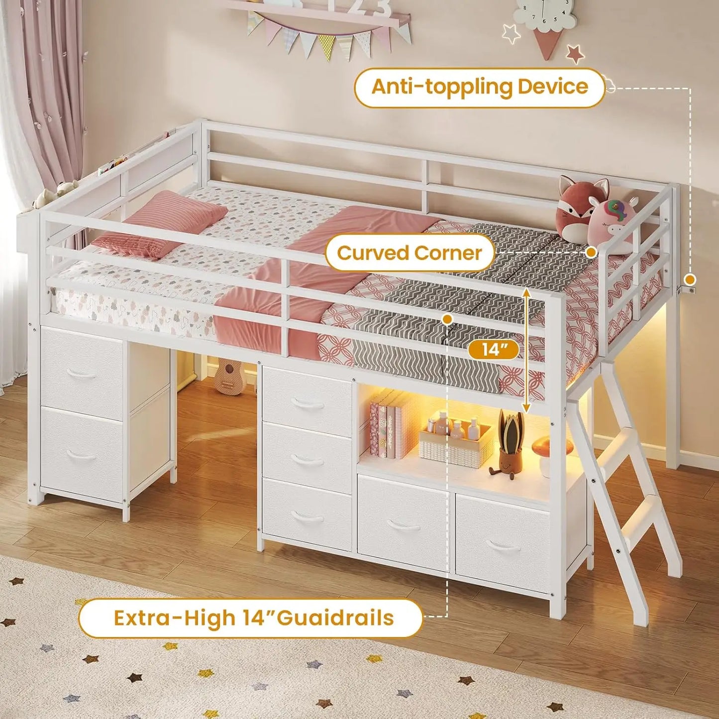 Low Loft Bed Twin Size with 7 Storage Drawers, Bookcase and LED Lights, Metal Kids Loft Bed with 14" H Safety Guardrail