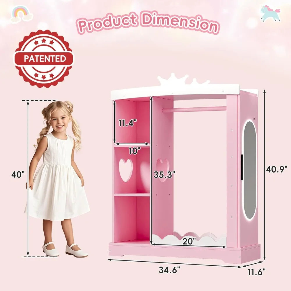 Kids Princess Wardrobe with Jewelry Cabinet, Mirror & Shelves - Pink Dress Up Storage for Girls Bedroom