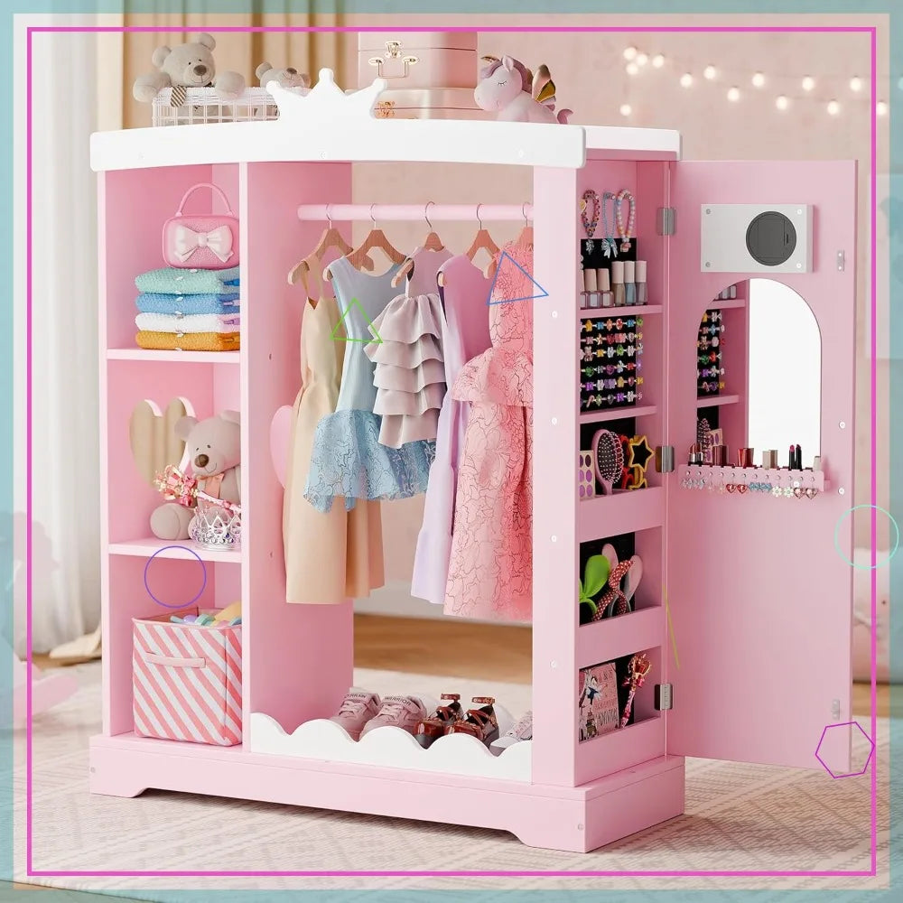 Kids Princess Wardrobe with Jewelry Cabinet, Mirror & Shelves - Pink Dress Up Storage for Girls Bedroom