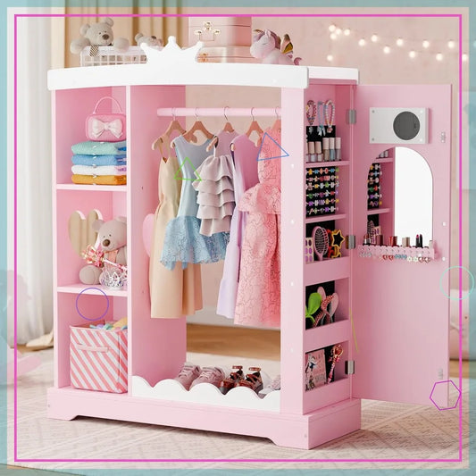 Kids Princess Wardrobe with Jewelry Cabinet, Mirror & Shelves - Pink Dress Up Storage for Girls Bedroom