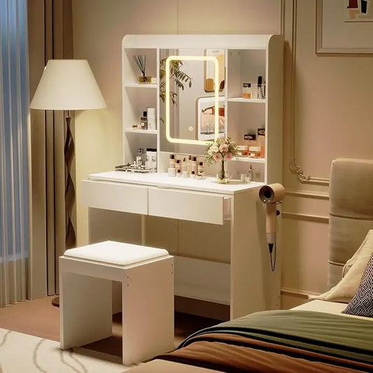Vanity Desk with Mirror and Lights, for Bedroom, adjustable 3 Color Lights Modes Includes Padded Stool, Makeup Table Set