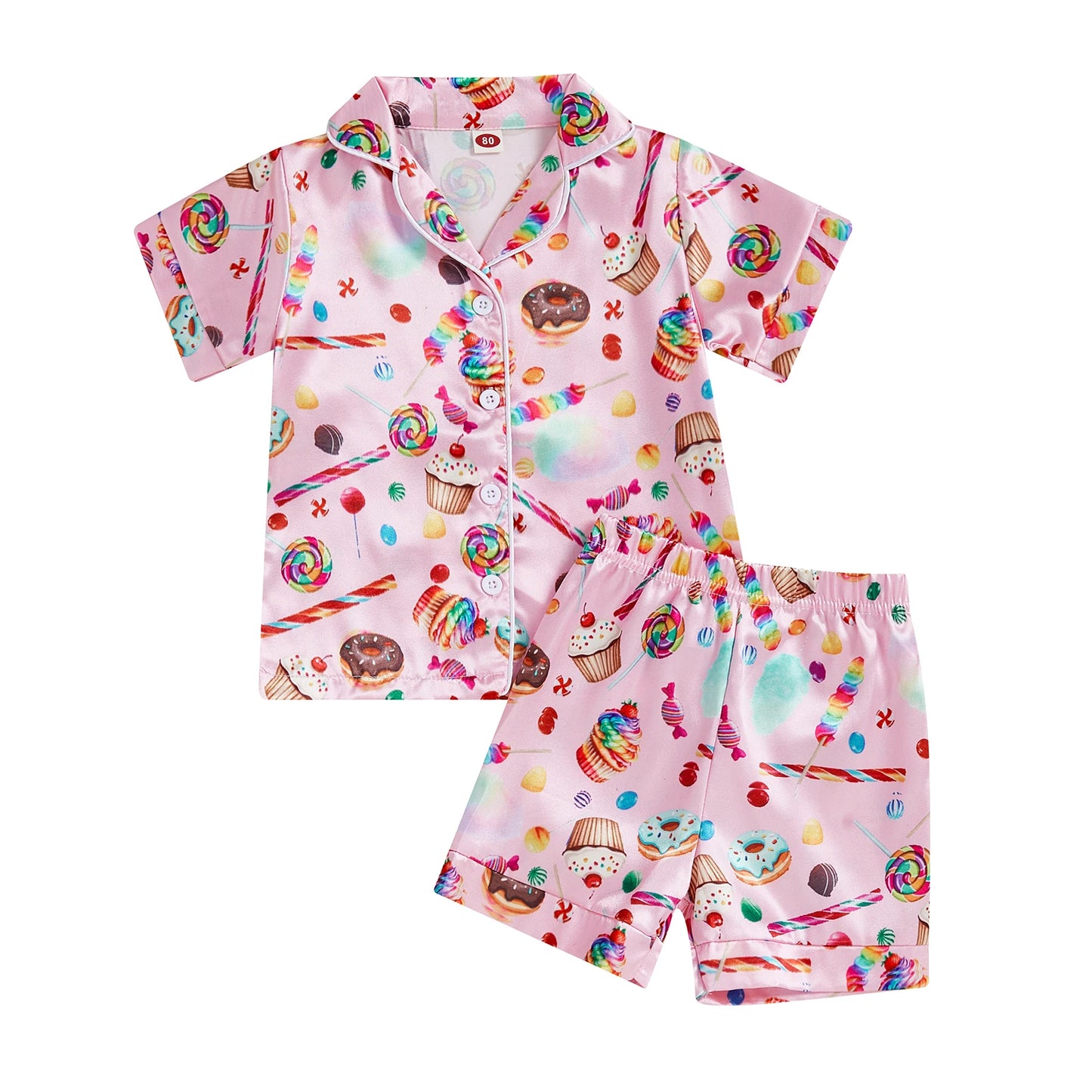 Toddler Boy Pajama Set short sleeve donuts and candy print - Elastic Waist Pants 2 Piece Sleepwear Outfit for Kids