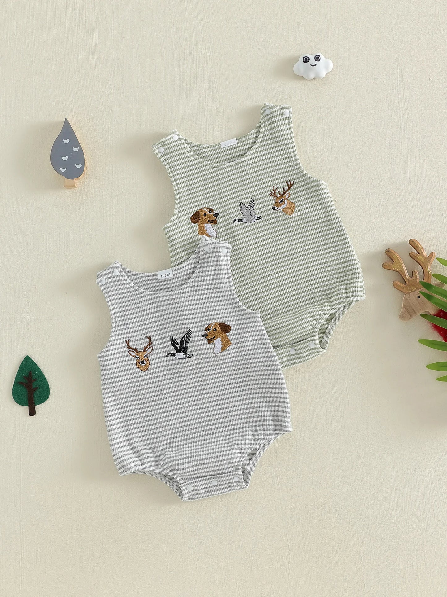 Adorable Toddler Boy s Sleeveless Romper with Cute Animal Embroidery and Striped Design Perfect for Summer Fun