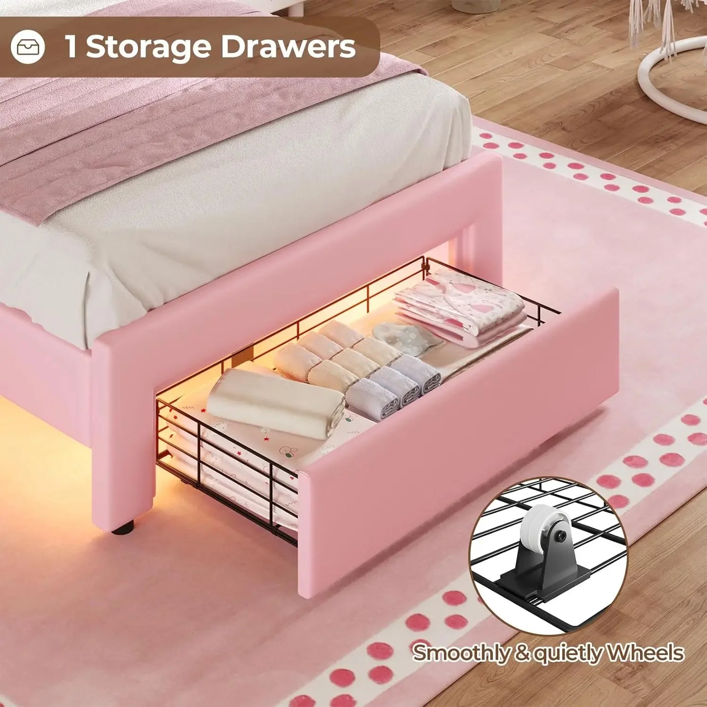 Twin Size Girl Bed with Storage Drawer & LED Lights, Upholstered Platform Bed, Adjustable Headboard with Velvet Crystal Button