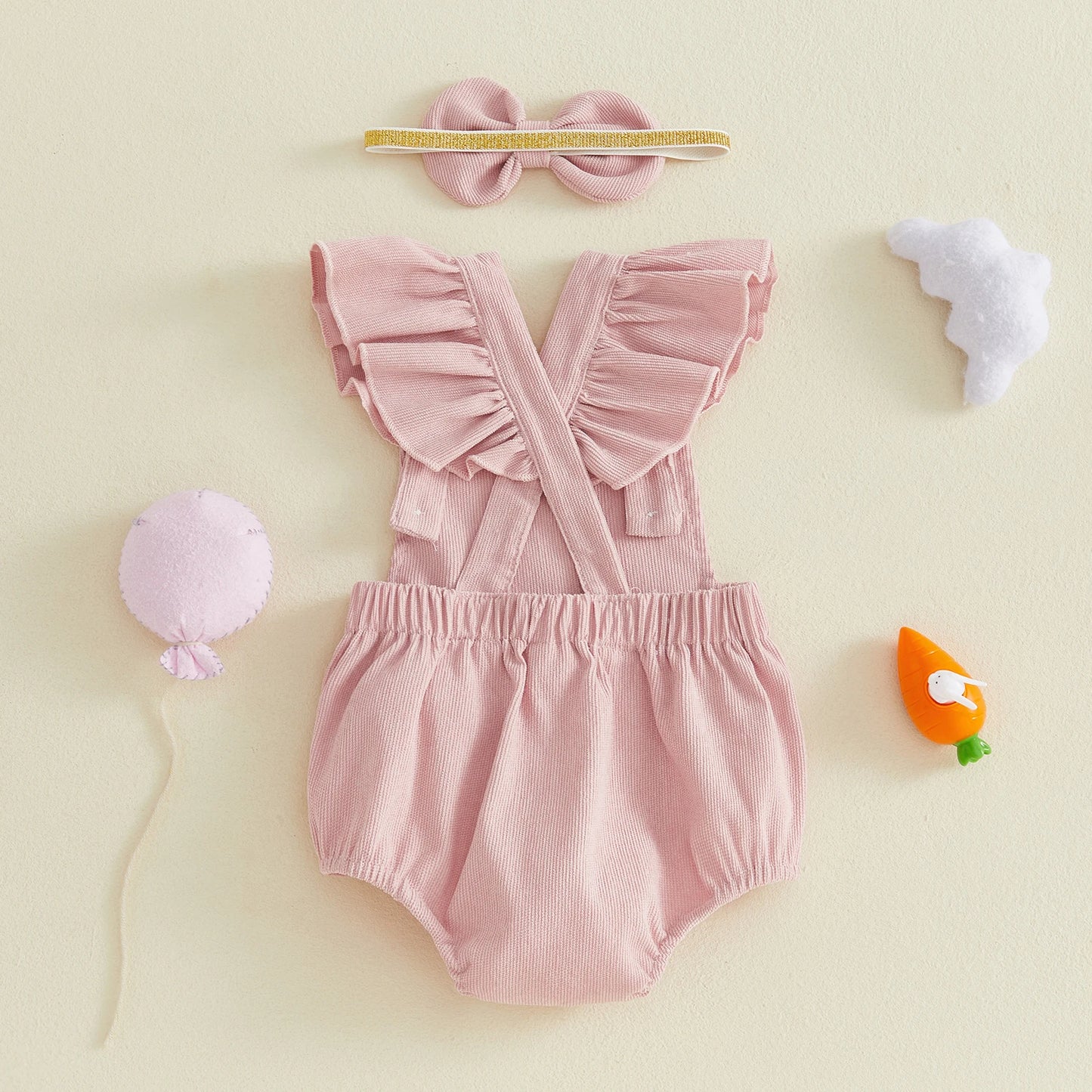 Baby Girl Easter Romper Outfits Bunny Applique Flying Sleeve Square Neck Romper and Bow Headband 2Pcs Set