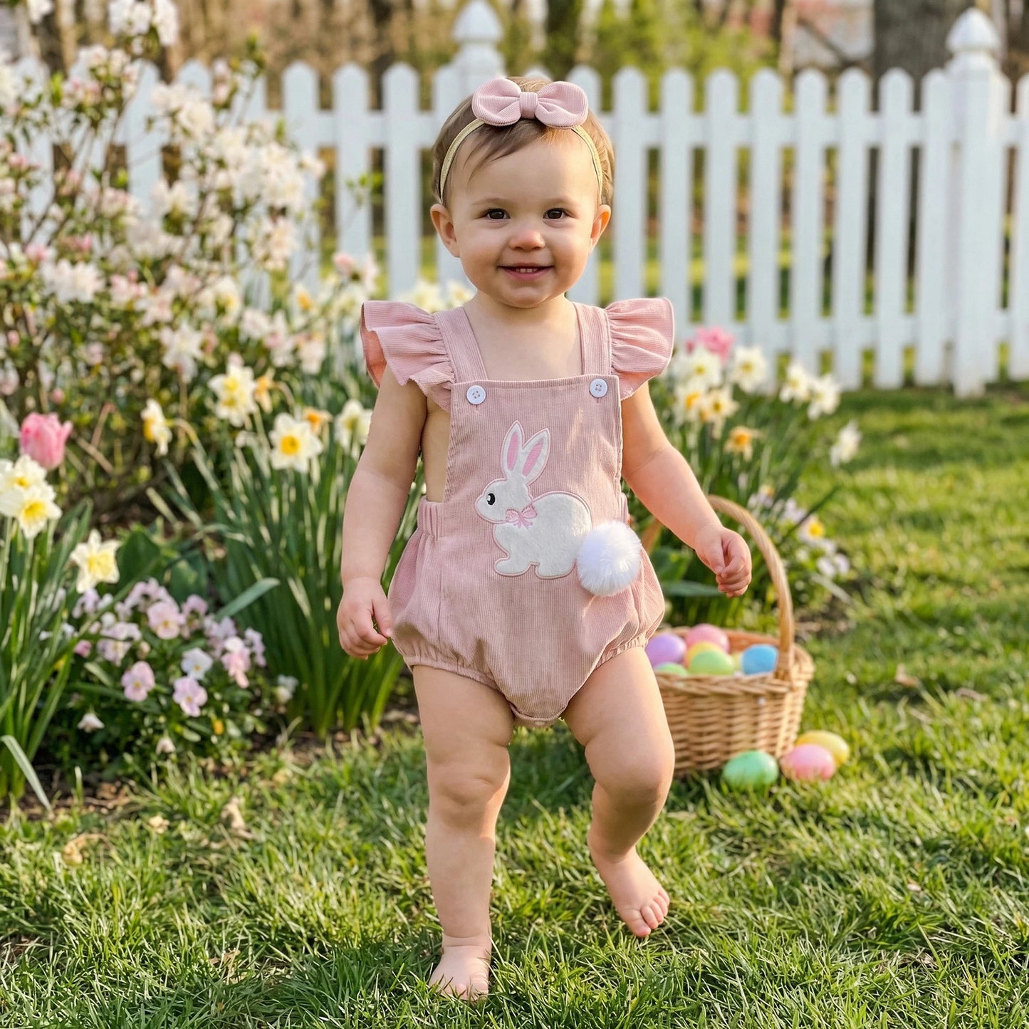 Baby Girl Easter Romper Outfits Bunny Applique Flying Sleeve Square Neck Romper and Bow Headband 2Pcs Set