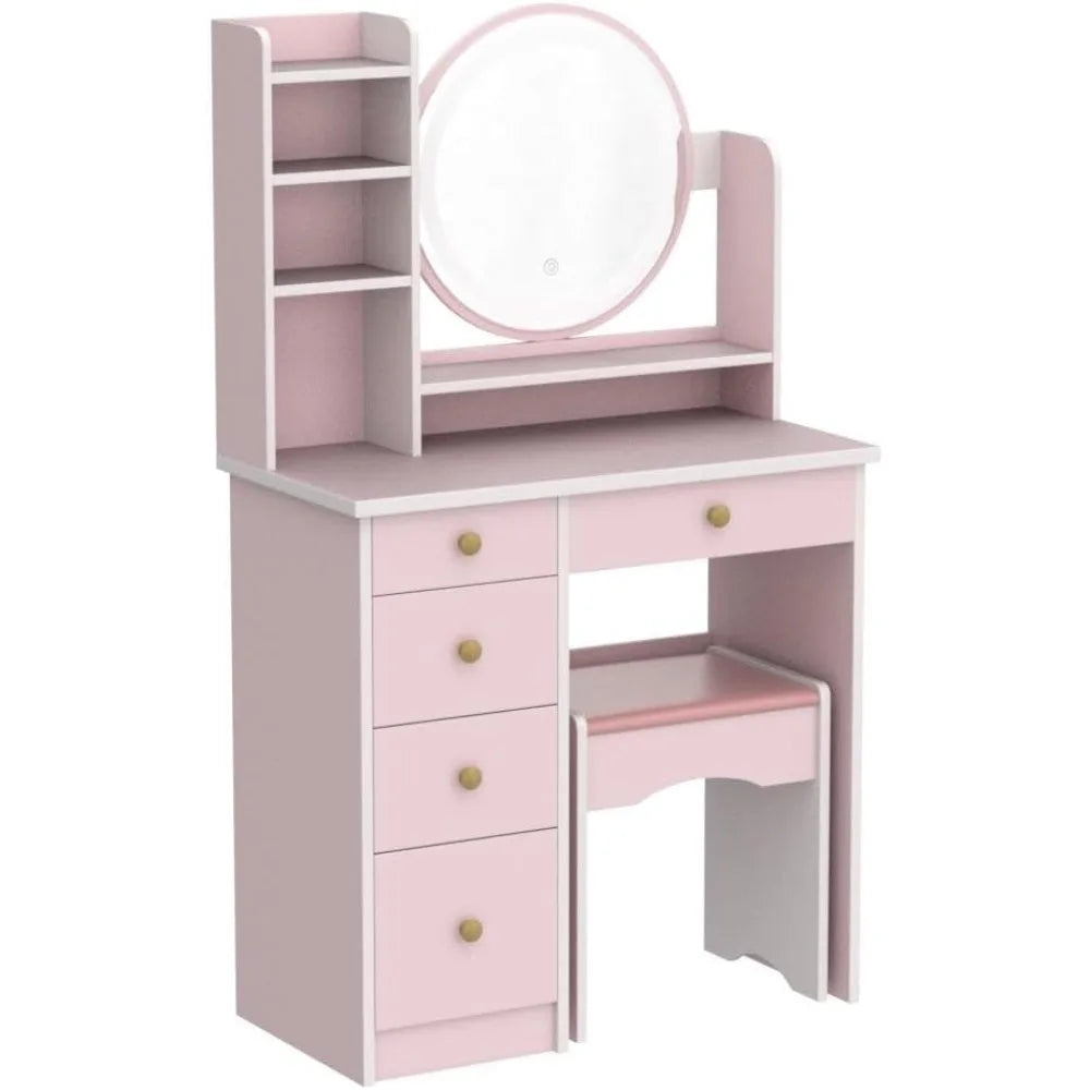 Pink Vanity Set with Lighted Mirror, Makeup Dressing Table 5 Drawers Shelves Desk & Stool