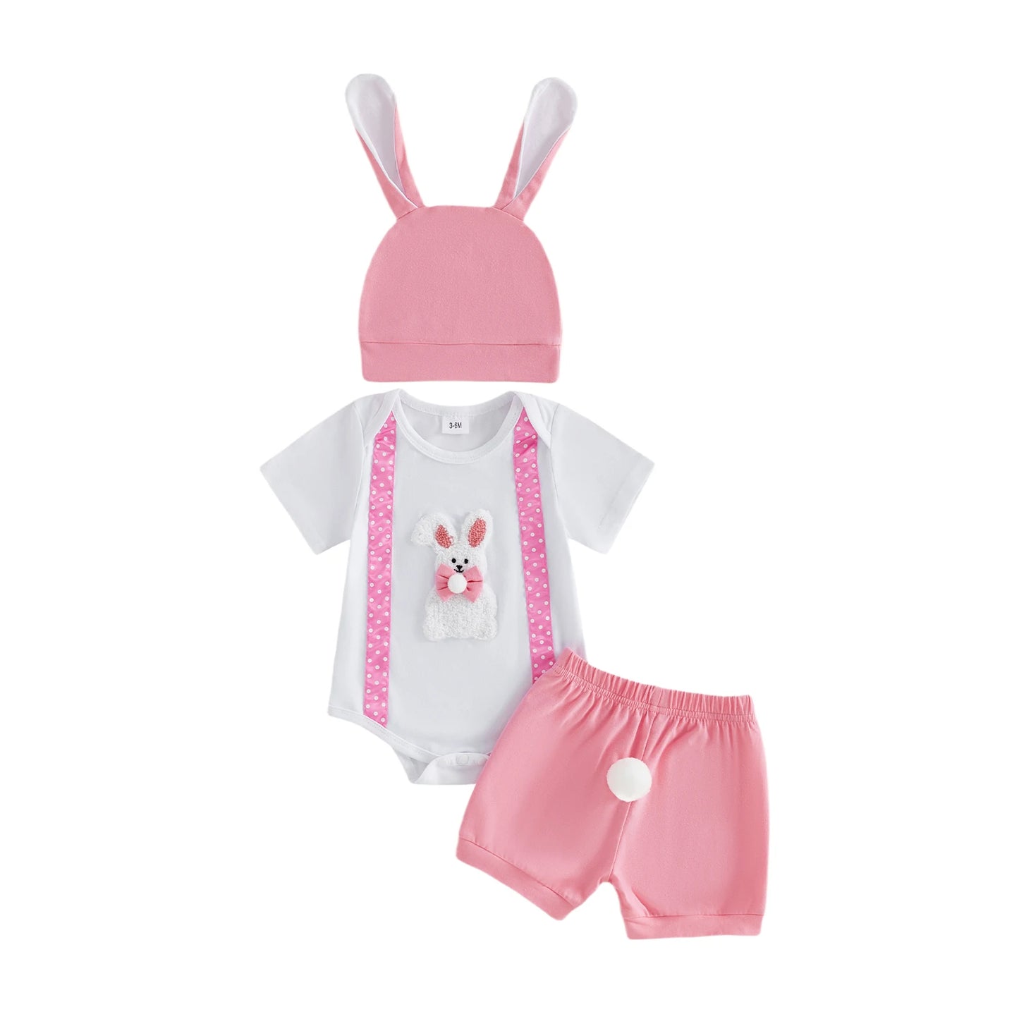 Adorable Newborn Easter Outfit with Bunny Embroidery Romper Shorts and Hat - 3-Piece Set for Baby Boy or Girl