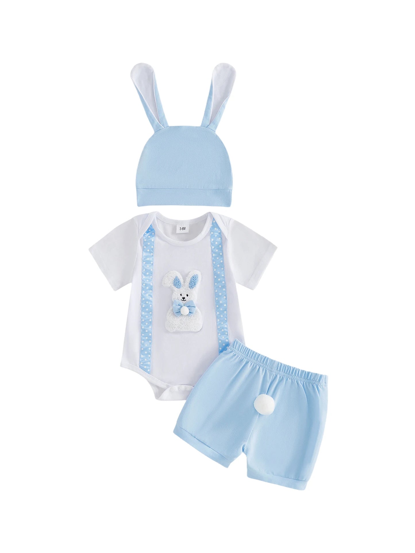 Adorable Newborn Easter Outfit with Bunny Embroidery Romper Shorts and Hat - 3-Piece Set for Baby Boy or Girl