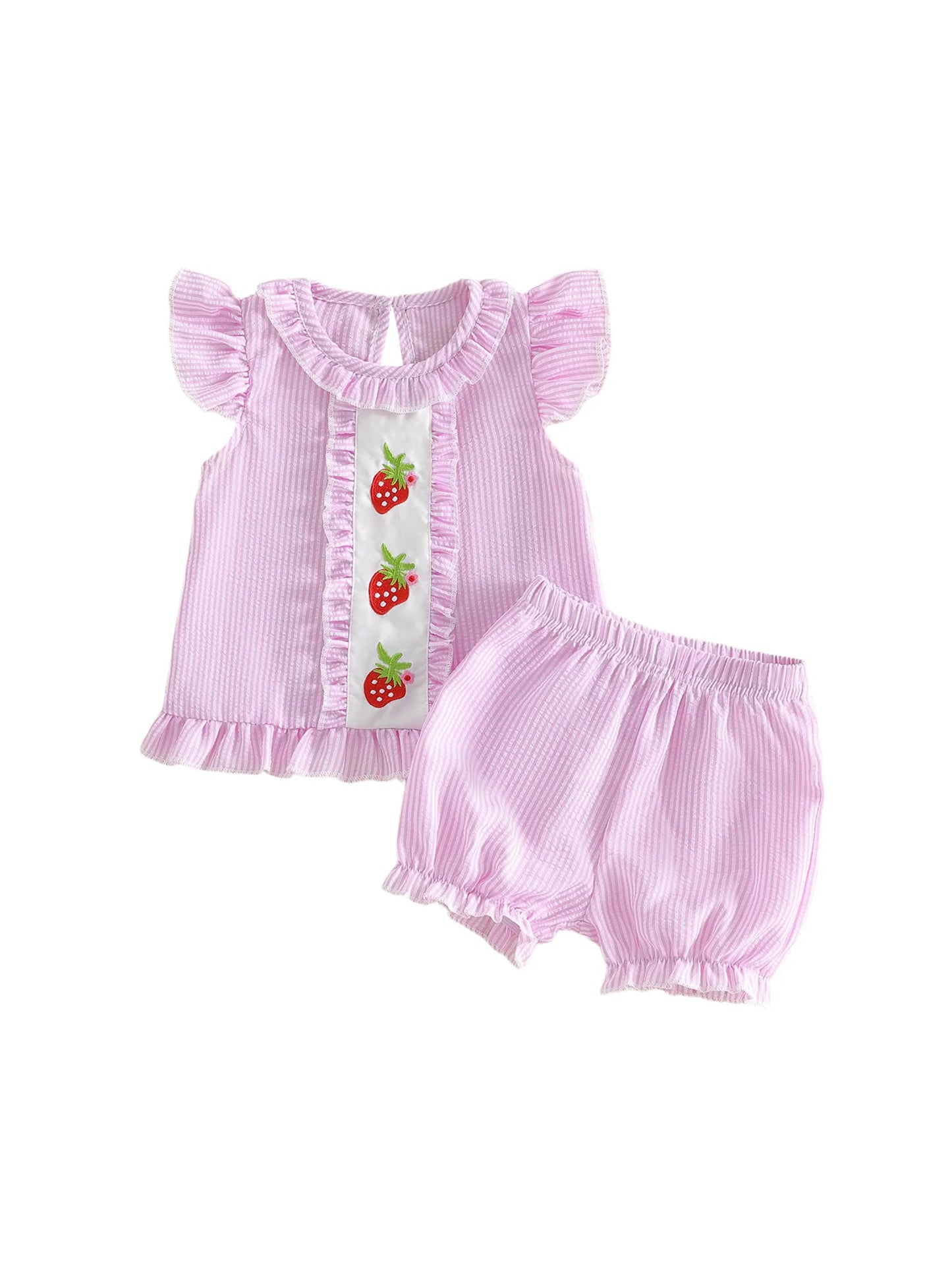 Toddler Girl 2-Piece Summer Set with Ruffle Sleeve Watermelon Embroidery Top and Shorts Cute Baby Girl Outfit for Spring