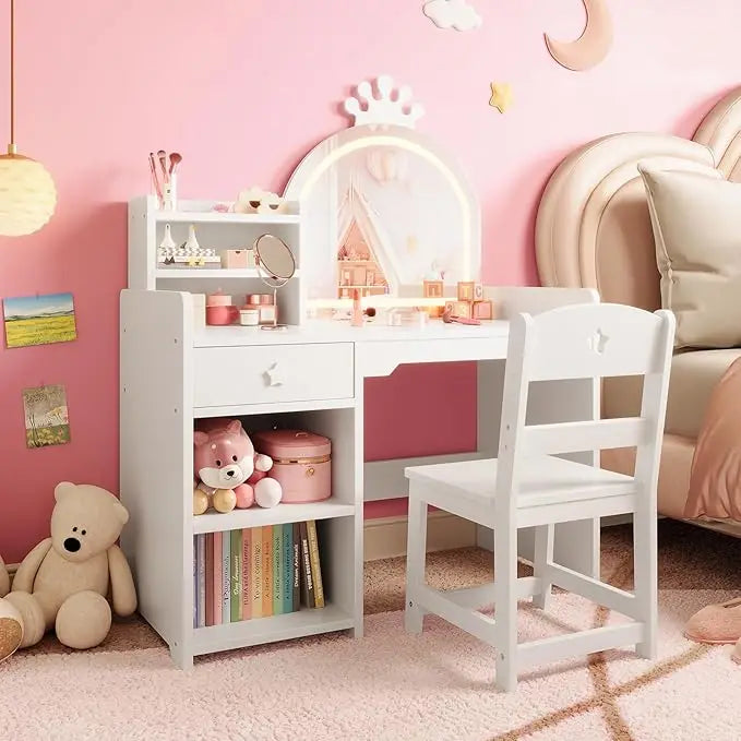 Kids Vanity with Lights, 2 in 1 Princess Makeup Vanity Desk Toddler Vanity Table & Chair Set with Open Bookshelf for Little Girls