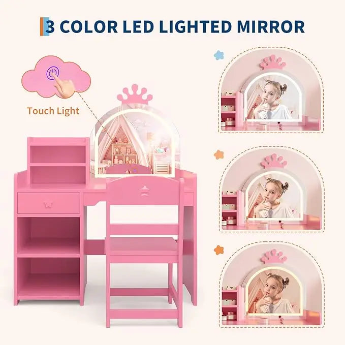 Kids Vanity with Lights, 2 in 1 Princess Makeup Vanity Desk Toddler Vanity Table & Chair Set with Open Bookshelf for Little Girls