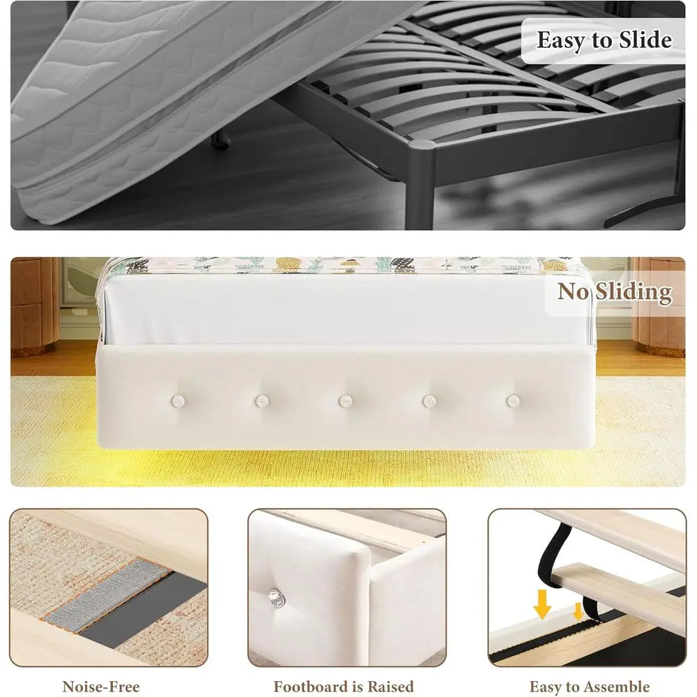 Modern Butterfly-Pattern Twin Bed Frame with LED Lights, Button Tufted Upholstered Headboard and Footboard, Slat Support, No Boxspring